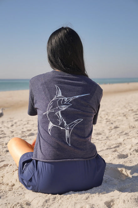 Crop Navy Embroidered Marlin Tee