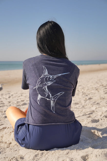 Crop Navy Embroidered Marlin Tee
