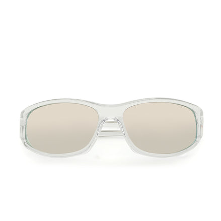 Clear-framed sunglasses with reflective lenses on a white background
