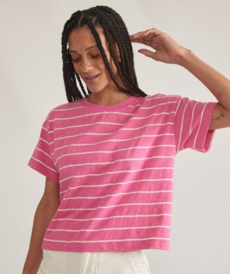 Marine Layer -  Vintage Slub Crop Tee - pink skipper blue stripe