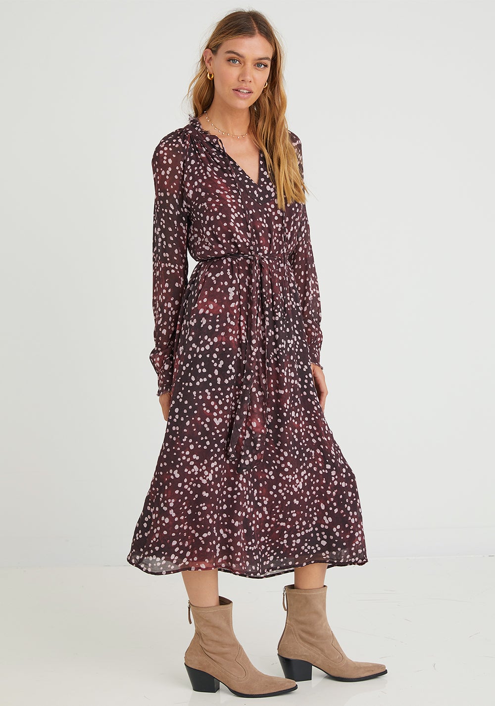 Bella Dahl Long Sleeve Ruffle Midi Dress Wine Dot Print Maho