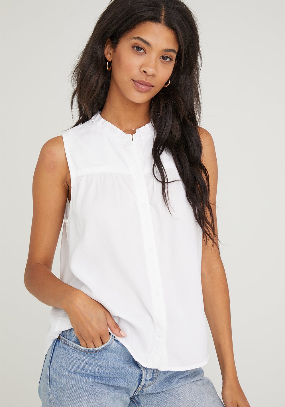 Bella Dahl - Sleeveless Ruffle Neck Button Down - White